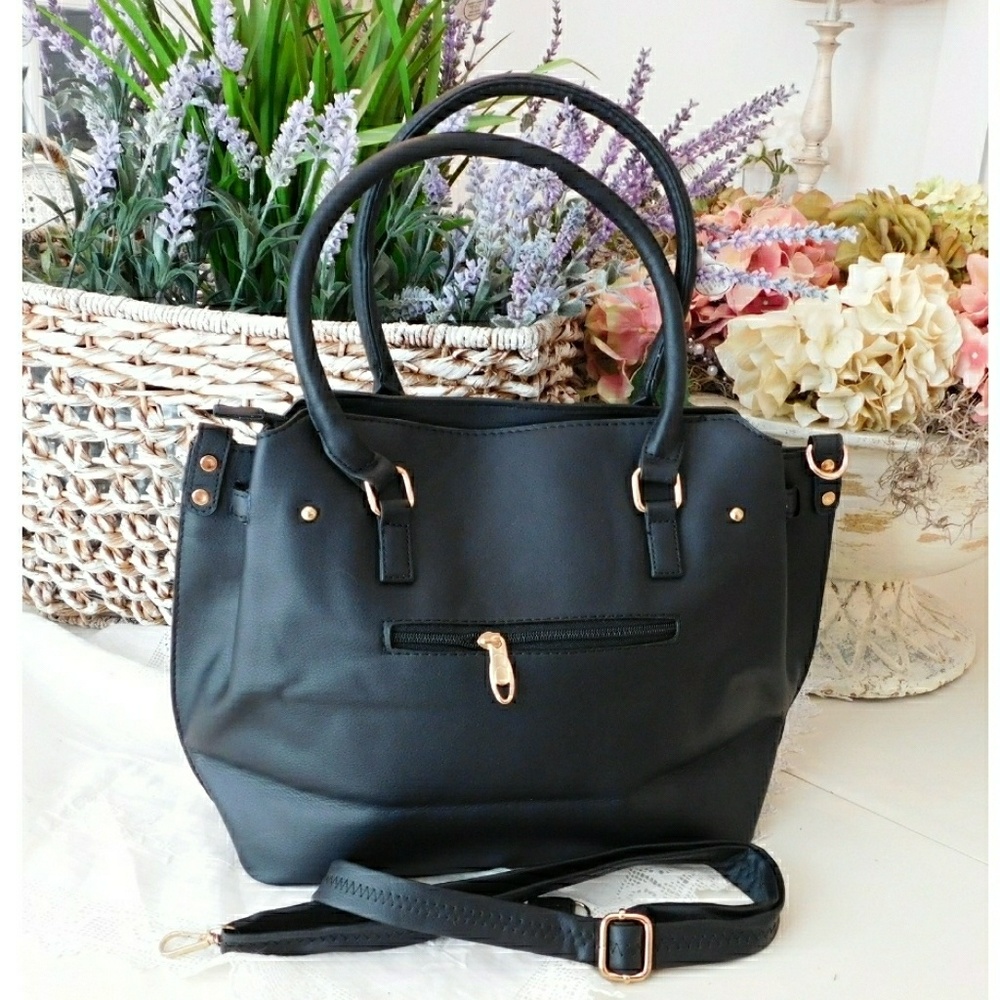 NWT - CHIC BLACK LEATHER DOUBLE HANDLE SHLDR BAG**Priced to Sell** - Picture 4 of 8